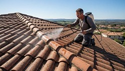 Application d'un traitement anti-mousse professionnel sur toiture en Seine-et-Marne (77) par Couvreur Clement Toiture 77. Ce traitement protège les tuiles, élimine les mousses, lichens et algues, et aide à préserver durablement la toiture.